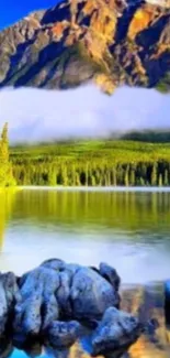 Peaceful mountain lake with lush greenery and rocky foreground.