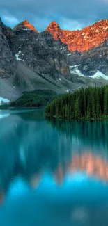 Serene mountain lake with reflections and vibrant colors.