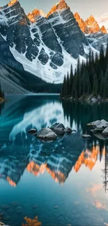 Majestic mountain lake mirror reflection with vibrant colors at sunset.