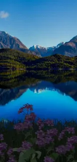 Scenic wallpaper of a mountain lake with flowers and a blue sky.