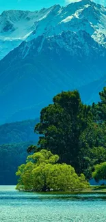 Stunning mountain lake with snow-capped peaks and lush greenery.