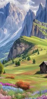Vibrant landscape with mountains, cabin, and flowers.