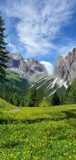 Mountain landscape with vibrant yellow flowers and clear blue sky.