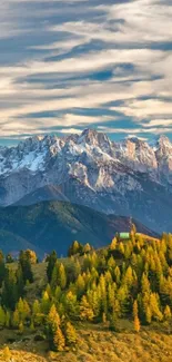 Majestic mountain landscape with autumn trees and a mystical sky.