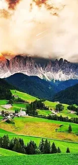 Stunning wallpaper of green valleys and majestic mountains under dramatic skies.