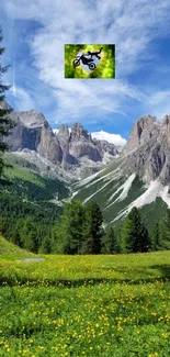 Breathtaking mountain landscape with green meadows and blue skies.