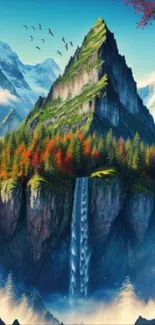 Majestic mountain with vibrant forest and waterfall in scenic wallpaper.