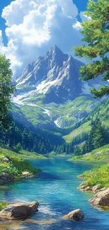 Majestic mountain with river and blue sky.