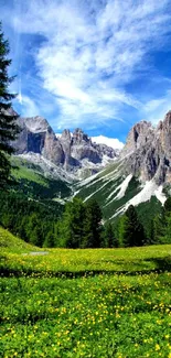 A breathtaking view of mountains with vibrant green fields and a blue sky.