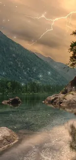 Mountain landscape with lightning over a serene lake.