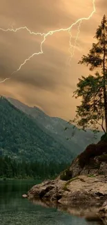 Majestic landscape with lightning over mountains and a tree.