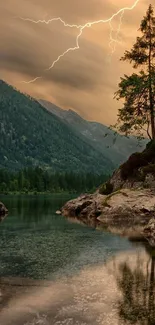 Mountain lake with lightning and trees under evening sky.