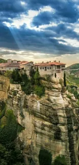 Monastery atop a majestic mountain under dramatic skies.