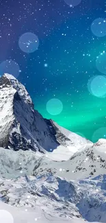 Snowy mountain beneath vibrant green night sky with glowing orbs.