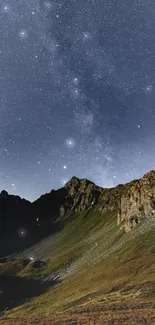 Starry night sky over majestic mountains, serene and captivating.