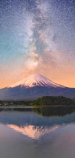 Scenic mountain reflecting under a starry night sky.