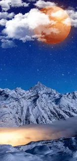 Mountain peaks beneath a starry night sky with a glowing orange moon.