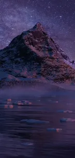 Majestic mountain at night with starry sky and water reflections.