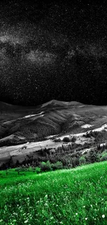 Green field and mountains under a starry night sky, creating a serene mobile wallpaper.