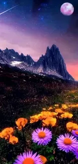 Colorful landscape with flowers and mountains under a starry sky at night.