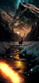 Deer in a snowy landscape beneath the aurora-lit night sky.