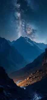 Starry night sky over mountain landscape.