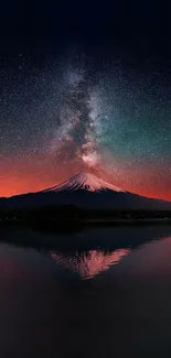 Mountain under starry sky with lake reflection at night.