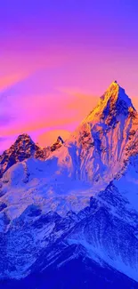 Vibrant mountain peak wallpaper with sunset hues and violet sky.