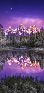 Majestic purple mountain reflection in serene lake under twilight sky.