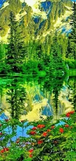 Majestic mountains reflect in a tranquil lake surrounded by green trees and flowers.