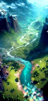 A stunning mountain river landscape with lush green valleys and a turquoise river.