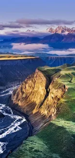 Breathtaking mountain landscape with river and greenery.