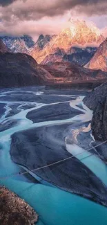 Mountain river with dramatic skies and vibrant colors.