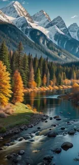 Majestic mountain river with autumn trees and snowcapped peaks.