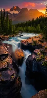 Breathtaking view of a mountain river at dusk with vibrant colors and lush trees.