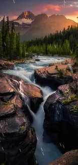 Scenic mountain river at sunset with lush forest and a vibrant, colorful sky.