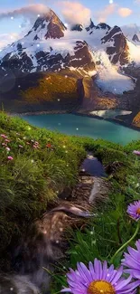 Majestic mountain with lake and wildflowers in foreground.