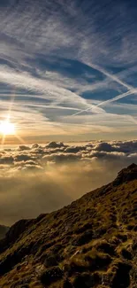Stunning sunrise over mountains with dramatic sky and horizon view.