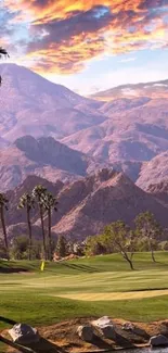 Scenic view of a sunset over mountains with palm trees and a vibrant sky.