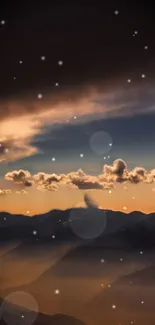 Mountain sunset wallpaper with dreamy clouds and starry sky.