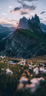 Mountain sunset with flowers in the foreground under a vivid evening sky.