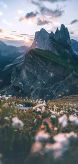 Mountain sunset with dramatic peaks and wildflowers, perfect for mobile wallpaper.