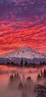 Majestic mountain sunset with red clouds and snowy peak.