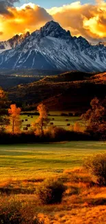 Scenic mobile wallpaper featuring a sunset over mountains and autumn scenery.