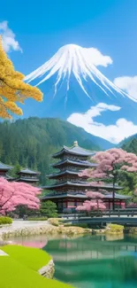 Scenic mountain temple with cherry blossoms and tranquil blue sky.