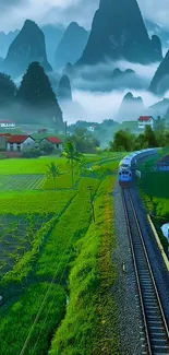 Train traveling through green fields and mountains.