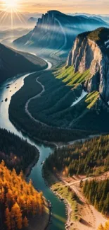 Majestic mountain valley with a winding river at sunset, showcasing vibrant autumn colors.