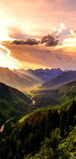 Mountain valley at sunset with lush greenery and vibrant skies.