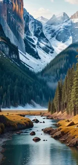 Majestic mountain landscape with river and forest.