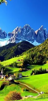Vibrant mountain village with green fields and blue skies mobile wallpaper.